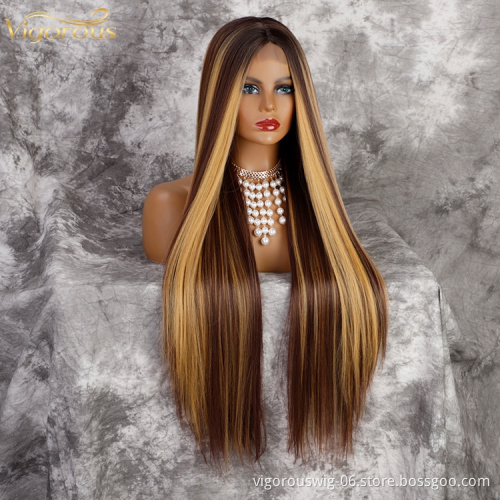 Vigorous long Straight ombre mix brown blonde wigs synthetic lace wig women middle part heat resistant fiber natural looking wig